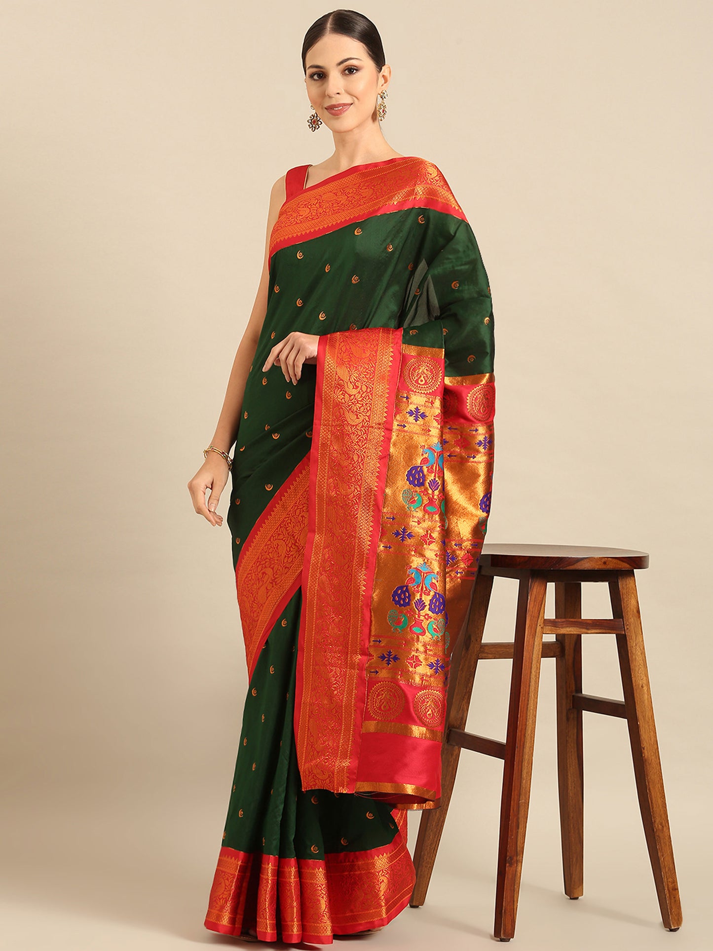 Chandrtara Bottle Green & Red Soft Silk Chandrakor Paithani Saree