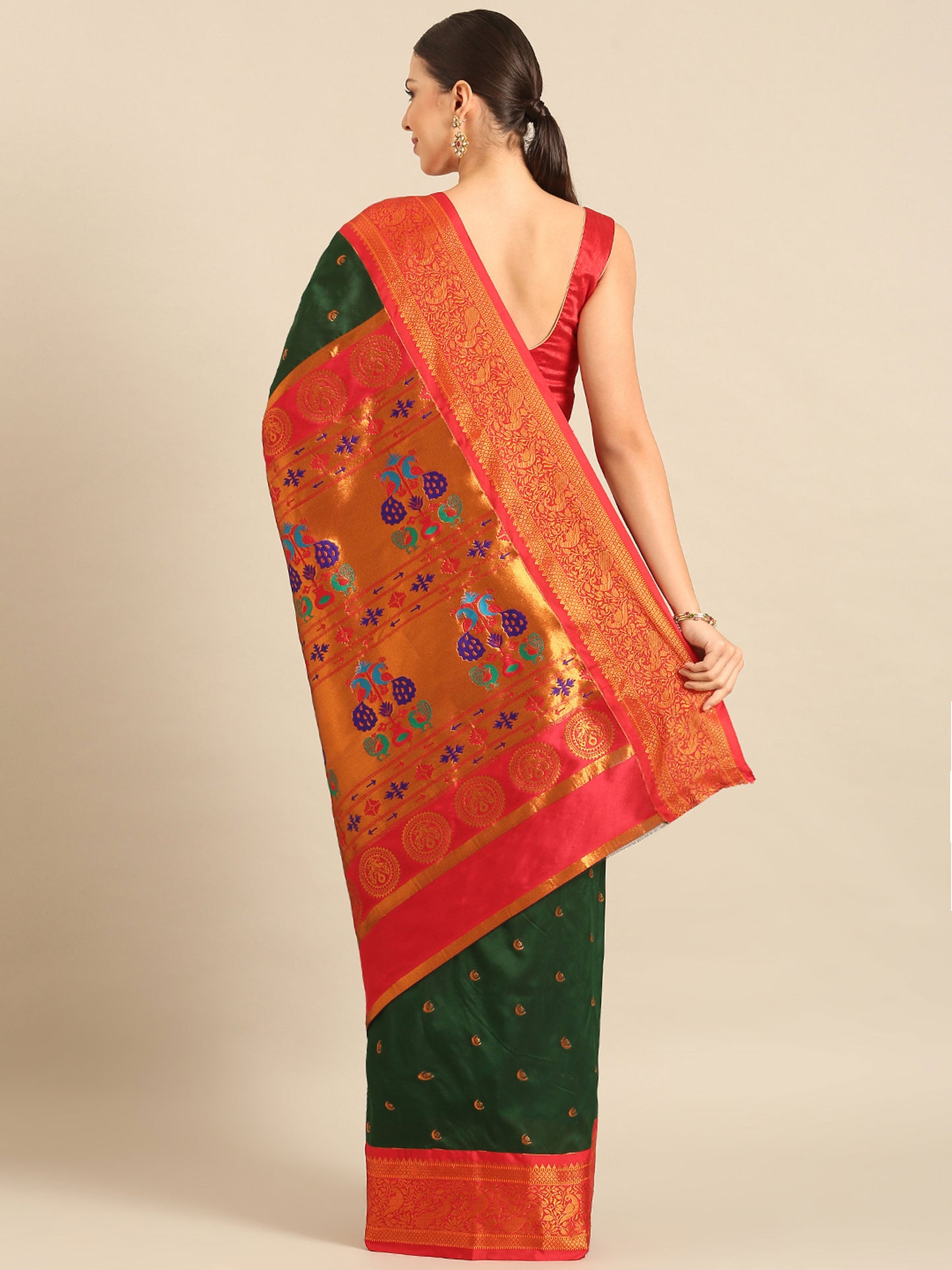 Chandrtara Bottle Green & Red Soft Silk Chandrakor Paithani Saree