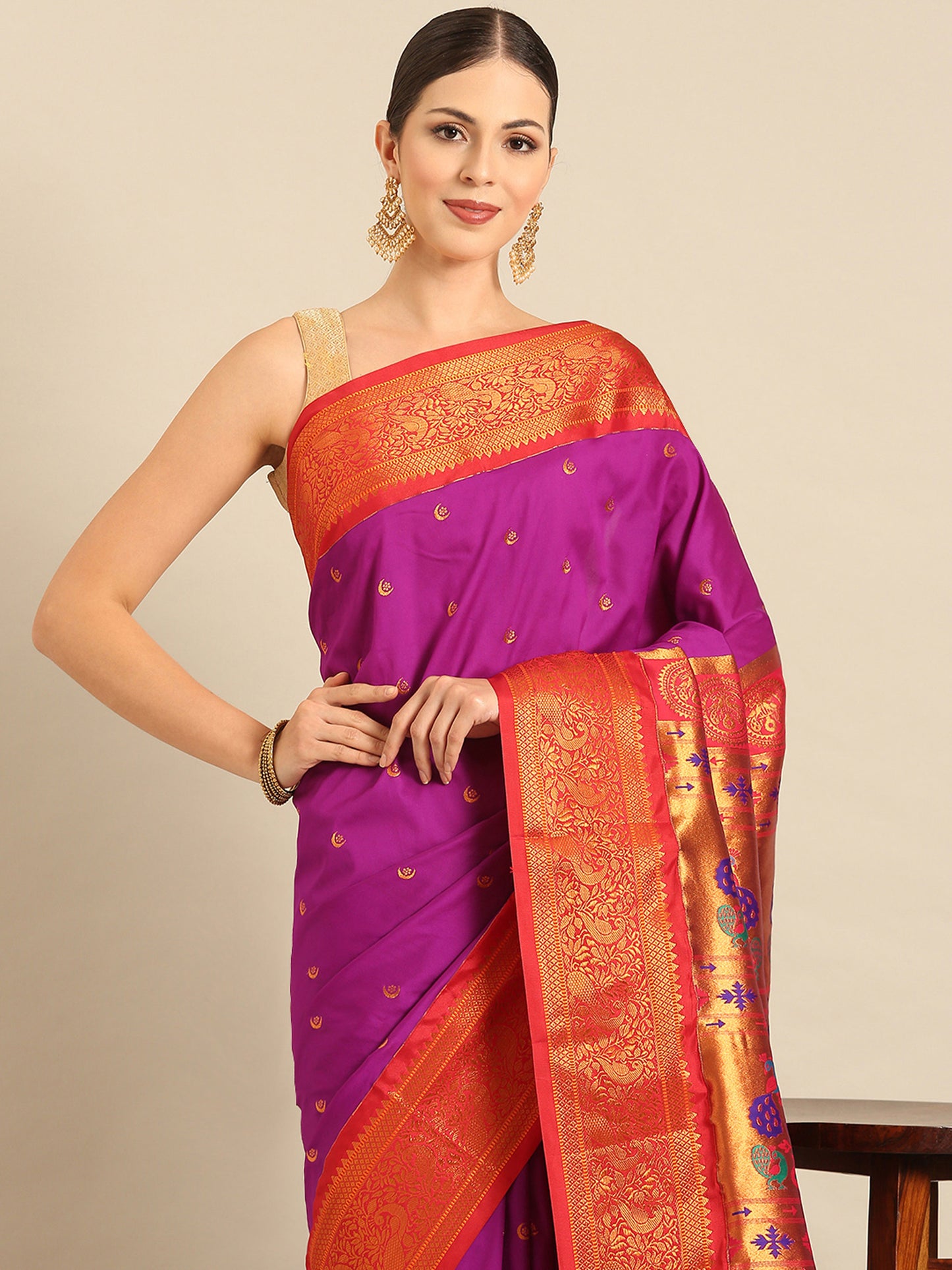 Chandrtara Purple & Red Soft Silk Chandrakor Paithani Saree