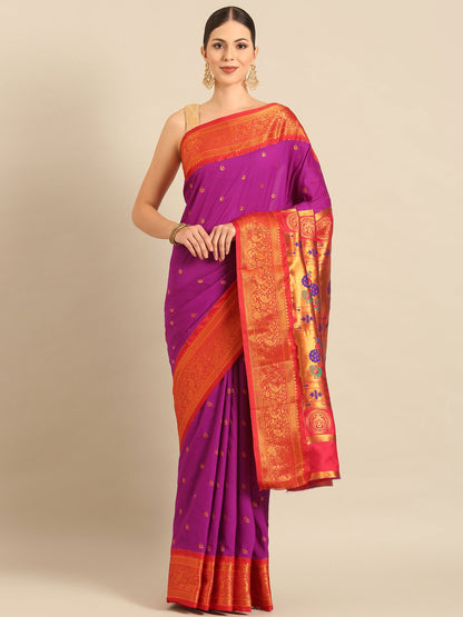 Chandrtara Purple & Red Soft Silk Chandrakor Paithani Saree