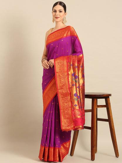 Chandrtara Purple & Red Soft Silk Chandrakor Paithani Saree