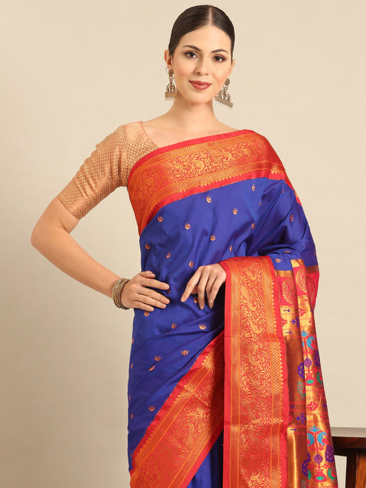 Chandrtara Royal Blue & Red Soft Silk Chandrakor Paithani Saree