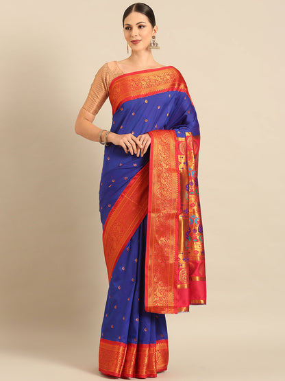 Chandrtara Royal Blue & Red Soft Silk Chandrakor Paithani Saree