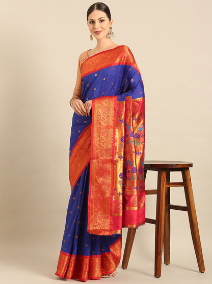 Chandrtara Royal Blue & Red Soft Silk Chandrakor Paithani Saree