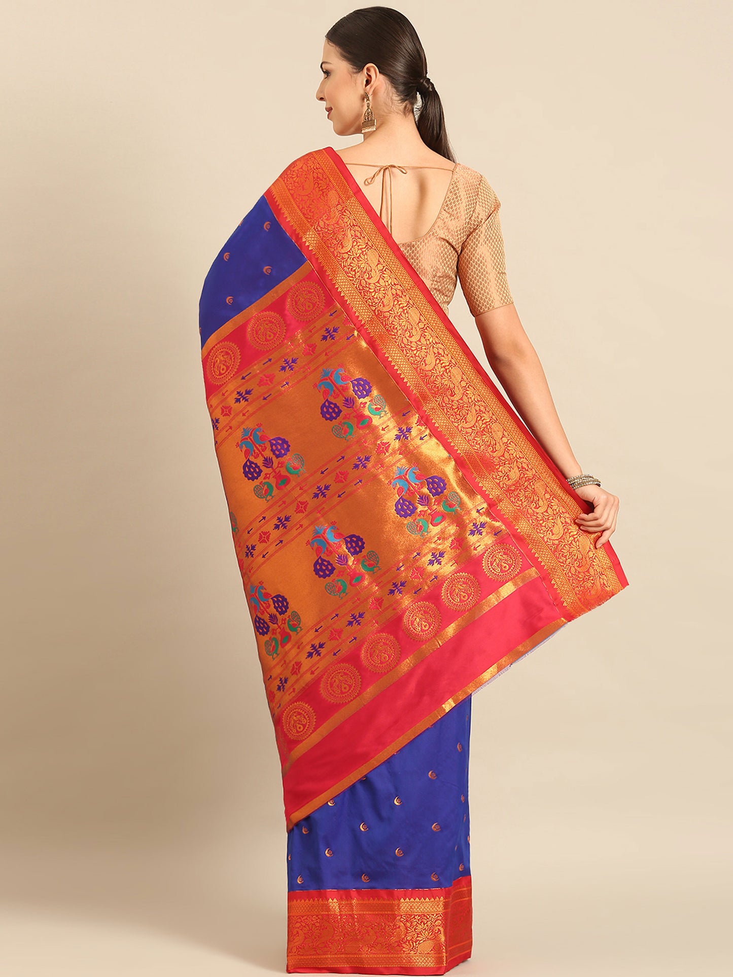 Chandrtara Royal Blue & Red Soft Silk Chandrakor Paithani Saree