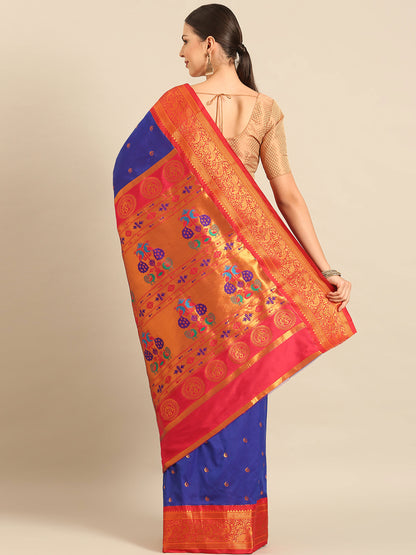 Chandrtara Royal Blue & Red Soft Silk Chandrakor Paithani Saree