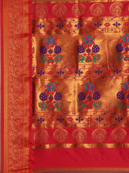 Chandrtara Royal Blue & Red Soft Silk Chandrakor Paithani Saree