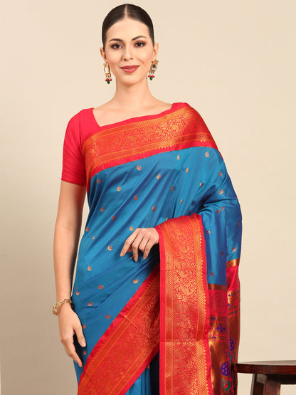 Chandrtara Firozi & Red Soft Silk Chandrakor Paithani Saree