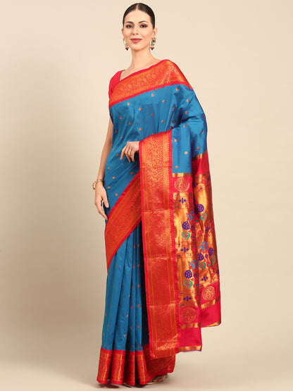 Chandrtara Firozi & Red Soft Silk Chandrakor Paithani Saree