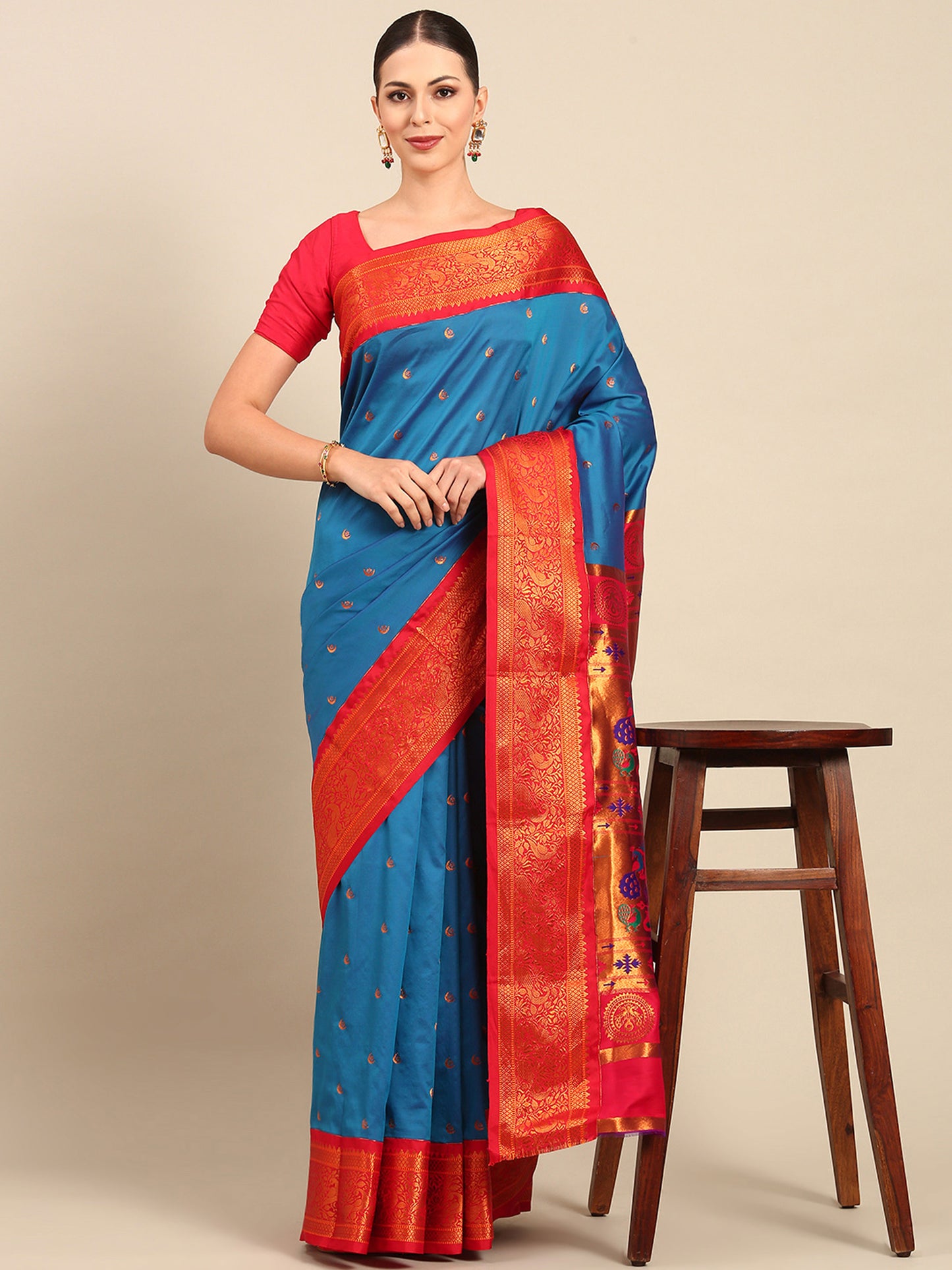 Chandrtara Firozi & Red Soft Silk Chandrakor Paithani Saree