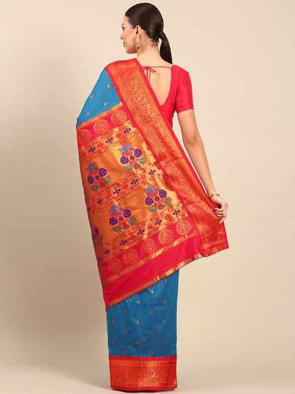 Chandrtara Firozi & Red Soft Silk Chandrakor Paithani Saree