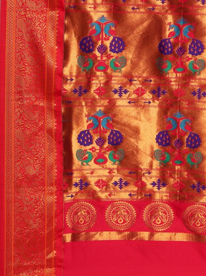 Chandrtara Firozi & Red Soft Silk Chandrakor Paithani Saree