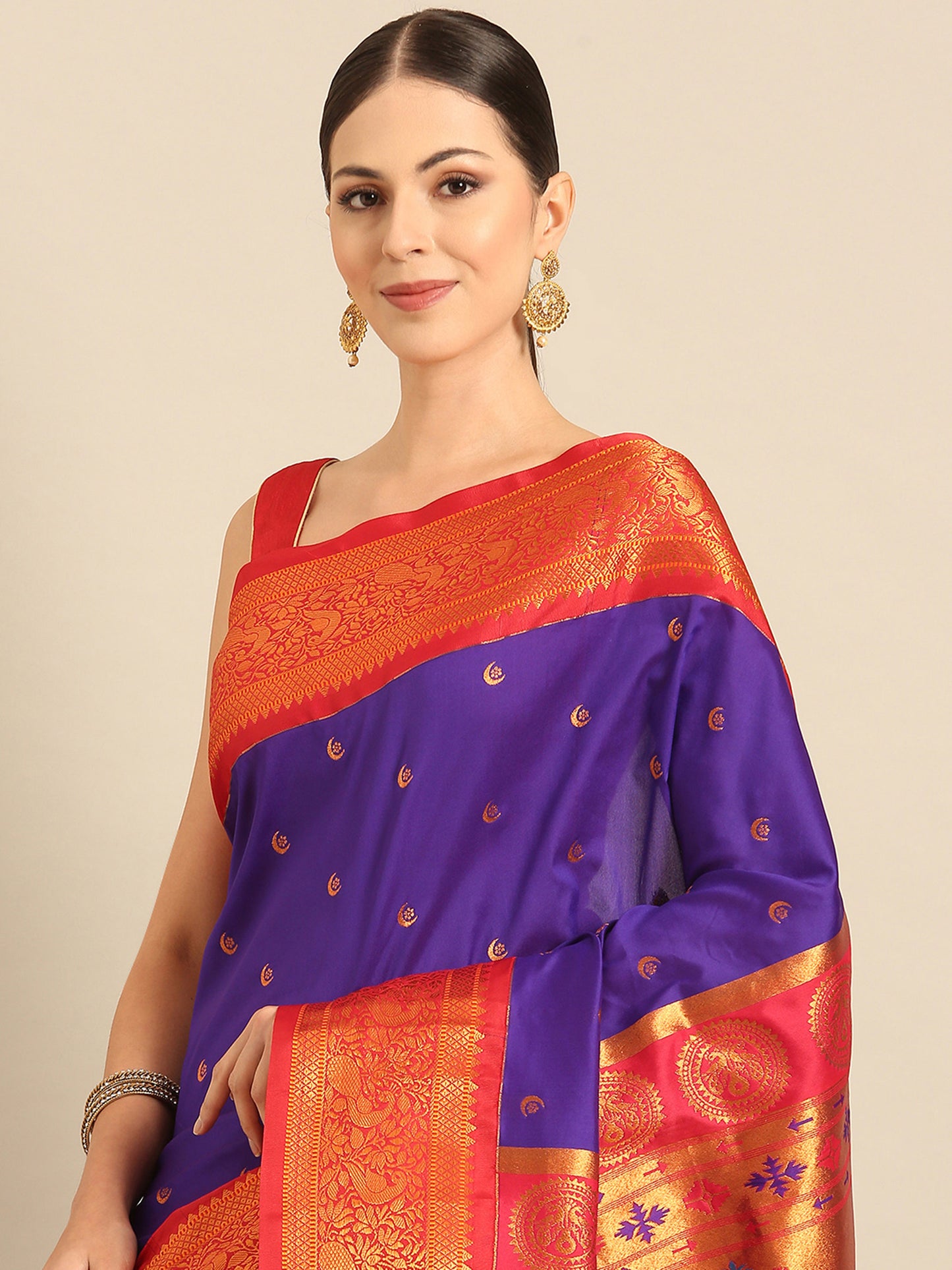 Chandrtara Indigo Blue & Red Soft Silk Chandrakor Paithani Saree