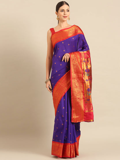 Chandrtara Indigo Blue & Red Soft Silk Chandrakor Paithani Saree