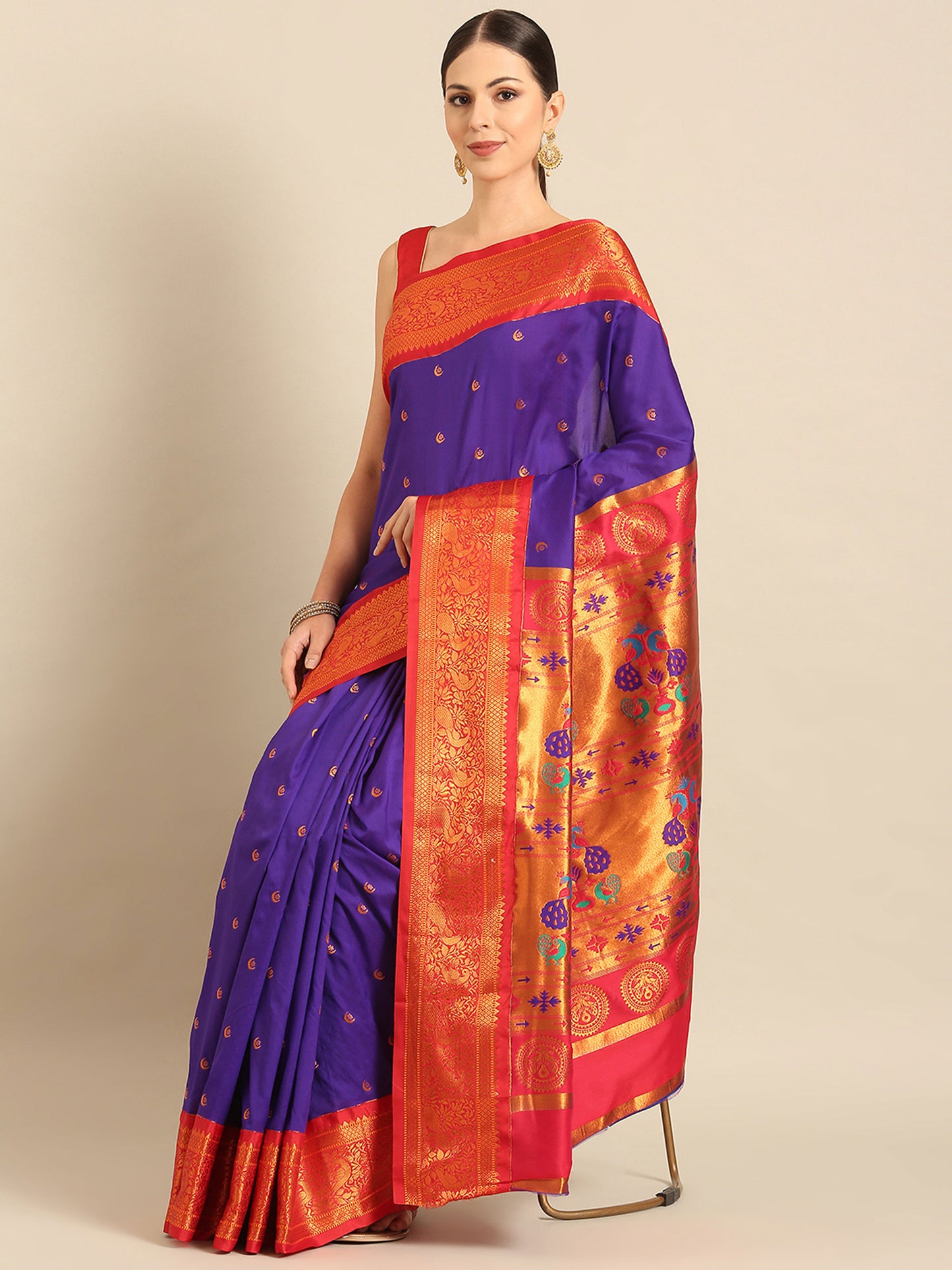 Chandrtara Indigo Blue & Red Soft Silk Chandrakor Paithani Saree