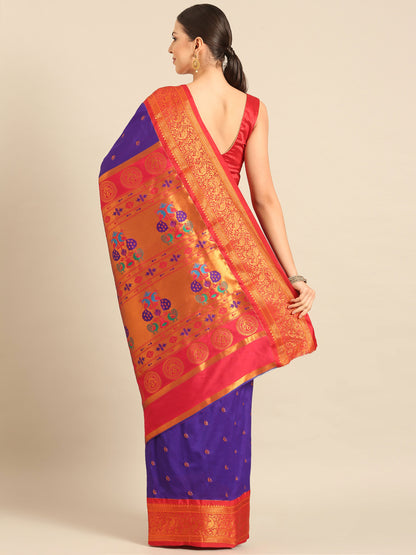 Chandrtara Indigo Blue & Red Soft Silk Chandrakor Paithani Saree