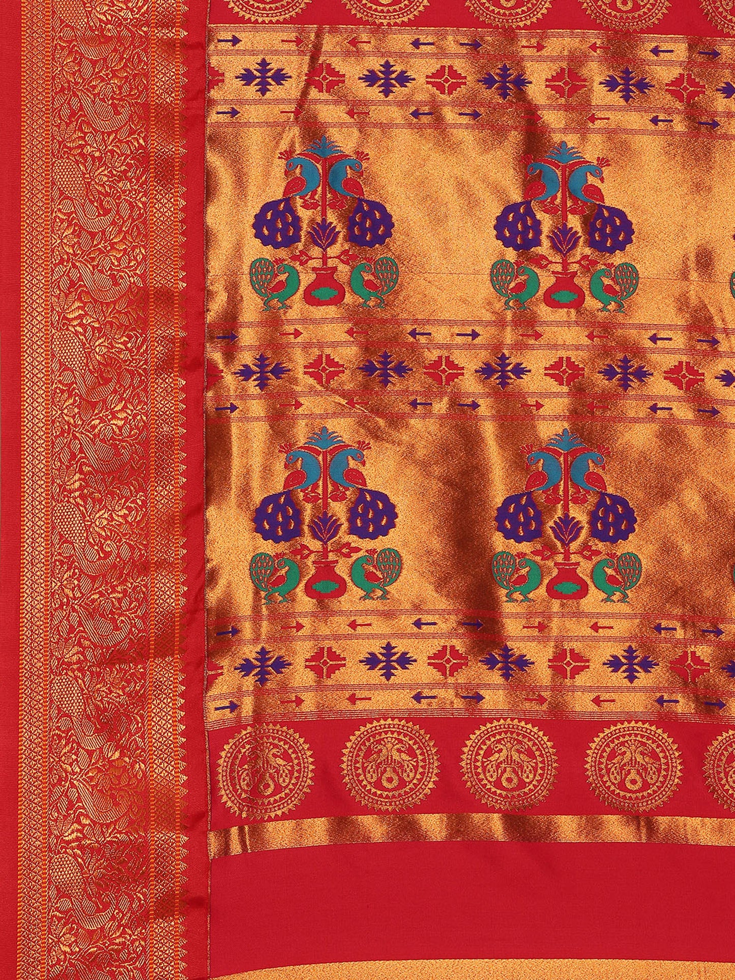 Chandrtara Indigo Blue & Red Soft Silk Chandrakor Paithani Saree