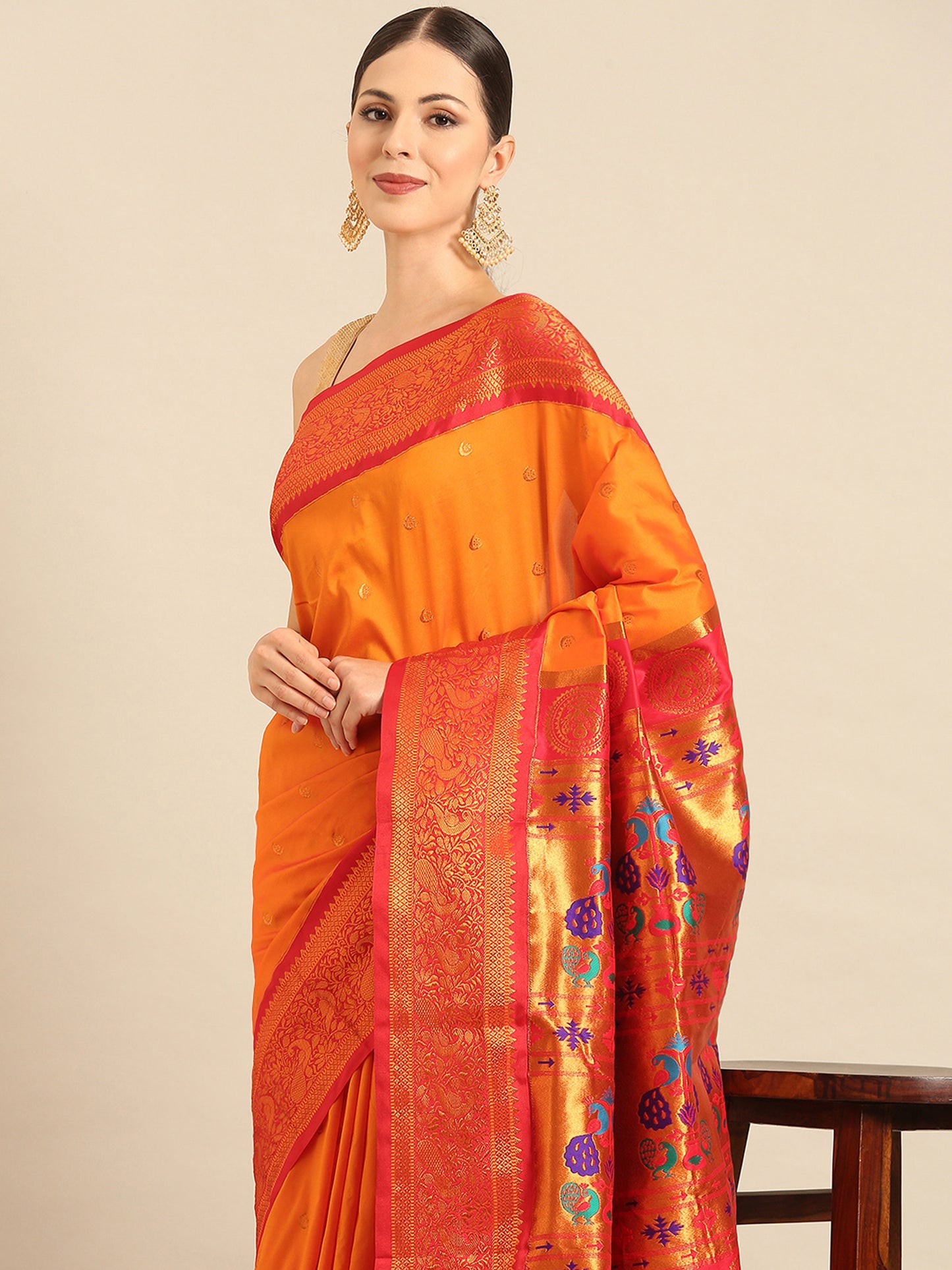 Chandrtara Orange & Red Soft Silk Chandrakor Paithani Saree