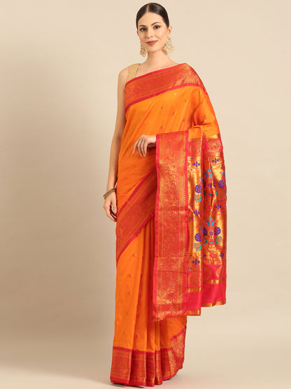 Chandrtara Orange & Red Soft Silk Chandrakor Paithani Saree