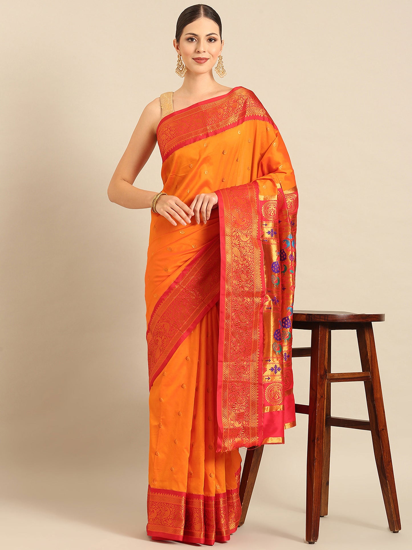 Chandrtara Orange & Red Soft Silk Chandrakor Paithani Saree