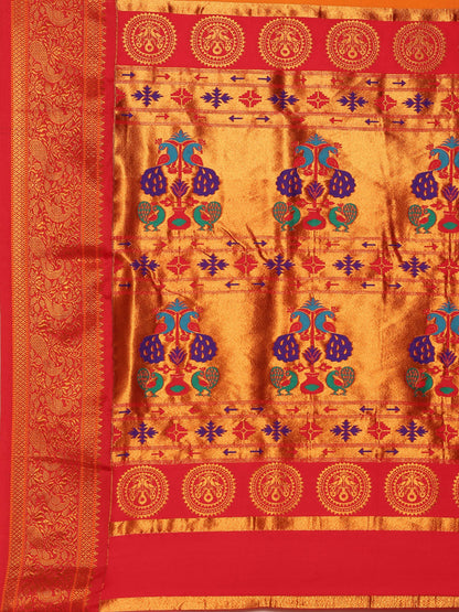 Chandrtara Orange & Red Soft Silk Chandrakor Paithani Saree