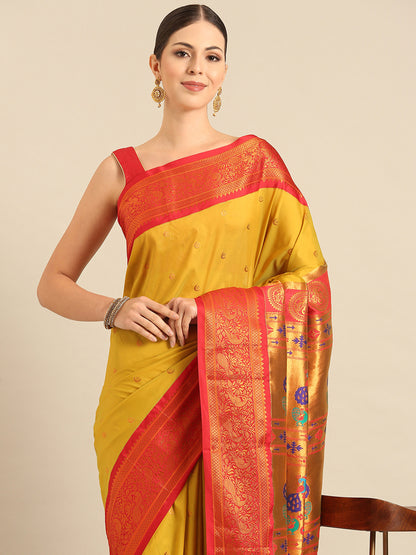 Chandrtara Mustard & Red Soft Silk Chandrakor Paithani Saree