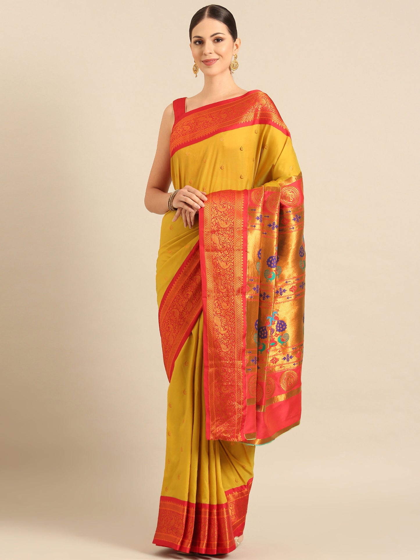 Chandrtara Mustard & Red Soft Silk Chandrakor Paithani Saree