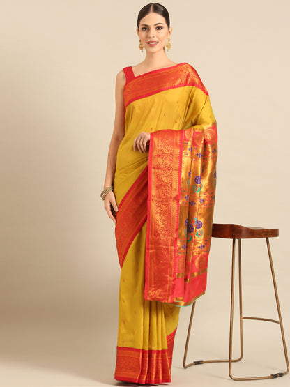 Chandrtara Mustard & Red Soft Silk Chandrakor Paithani Saree