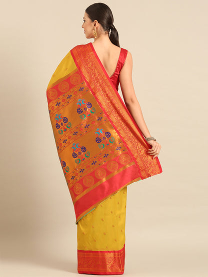 Chandrtara Mustard & Red Soft Silk Chandrakor Paithani Saree