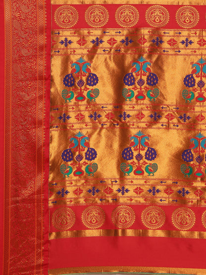 Chandrtara Mustard & Red Soft Silk Chandrakor Paithani Saree