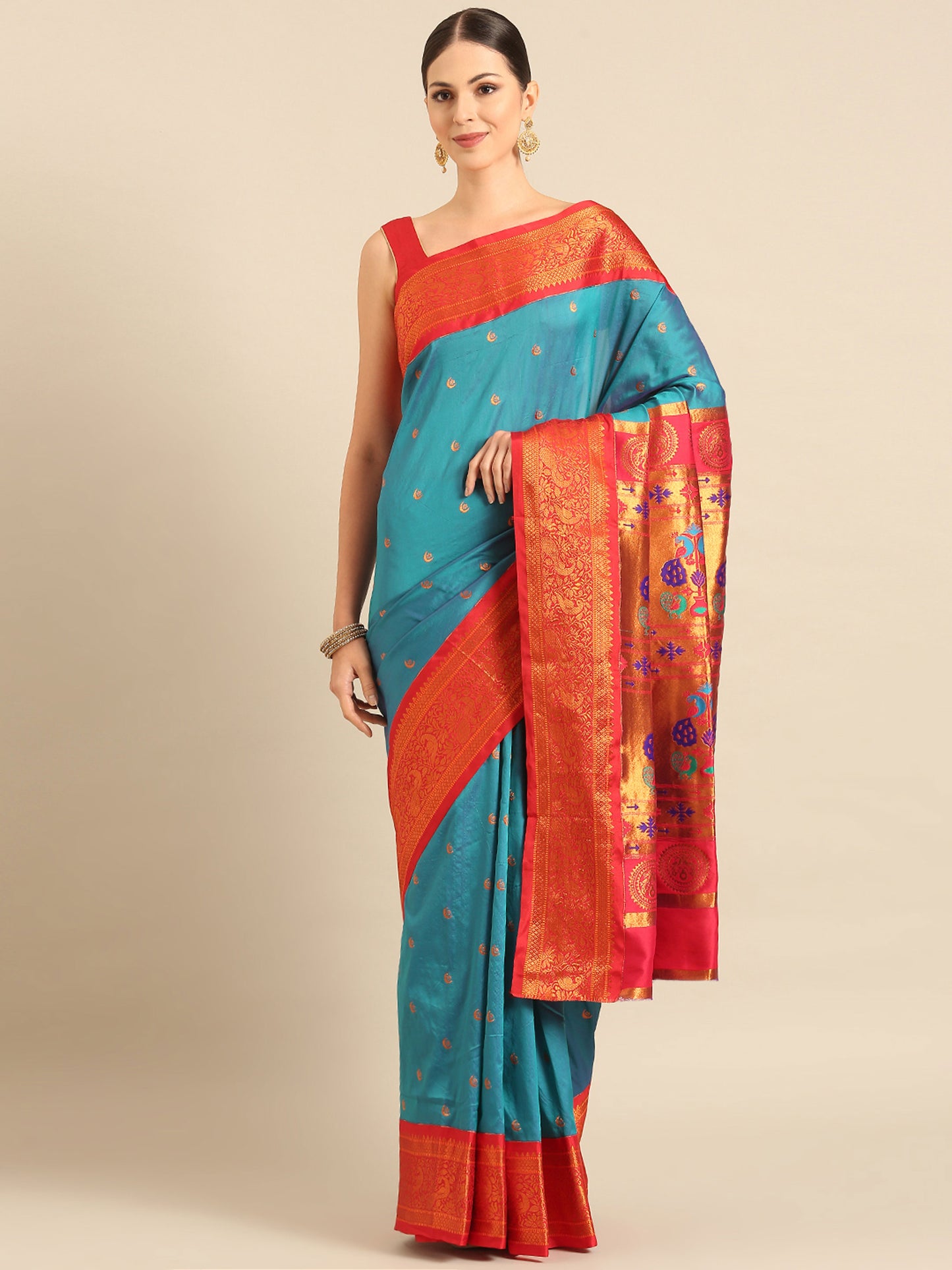 Chandrtara Rama & Red Soft Silk Chandrakor Paithani Saree