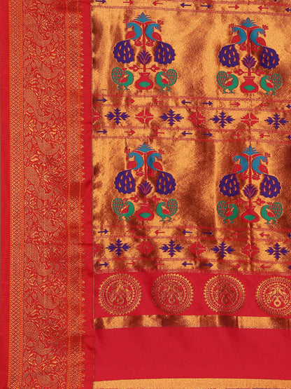 Chandrtara Rama & Red Soft Silk Chandrakor Paithani Saree