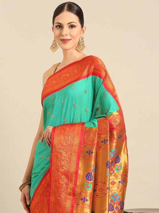 Chandrtara Sea Green & Red Soft Silk Chandrakor Paithani Saree