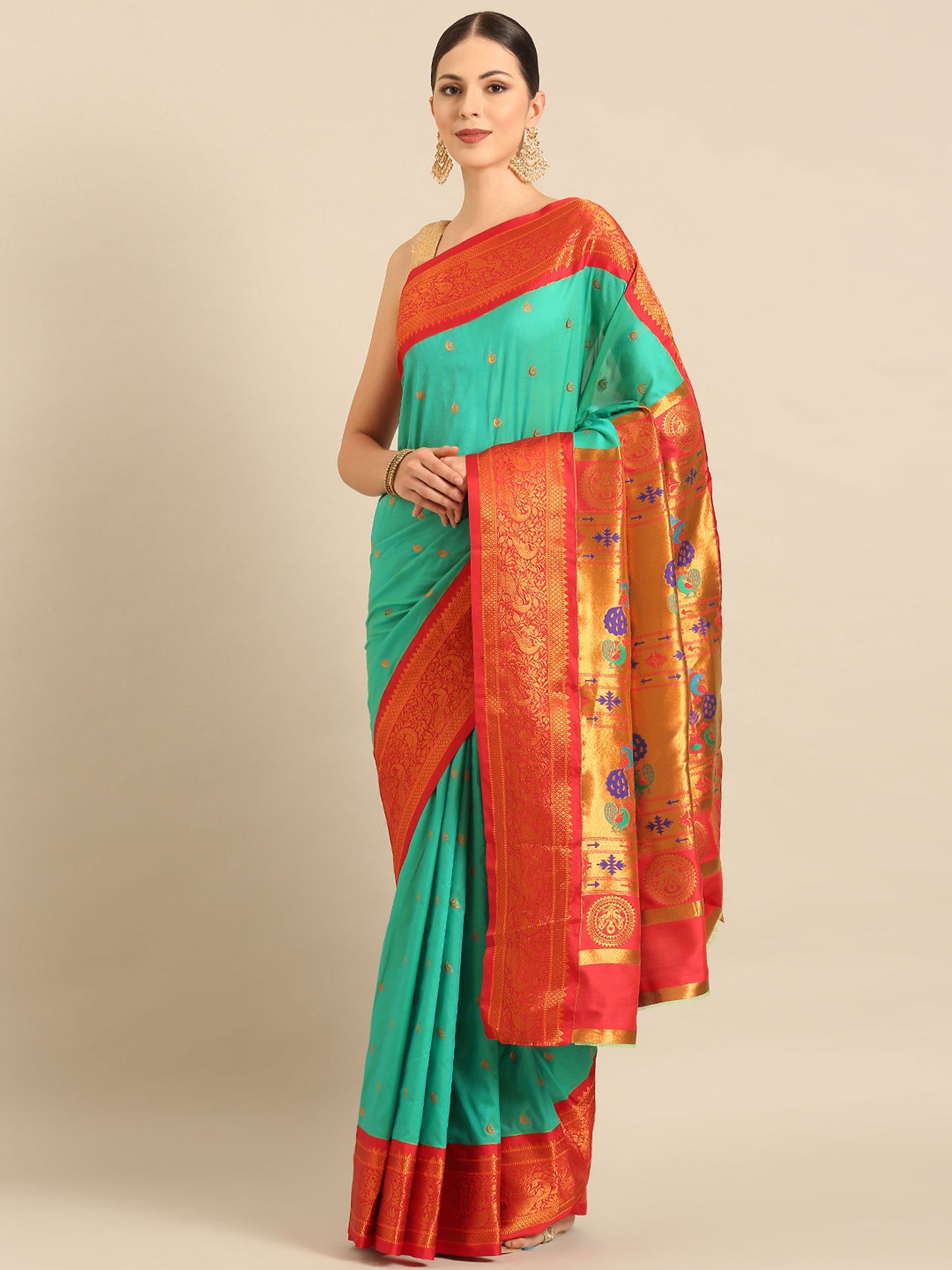 Chandrtara Sea Green & Red Soft Silk Chandrakor Paithani Saree