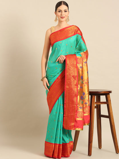 Chandrtara Sea Green & Red Soft Silk Chandrakor Paithani Saree