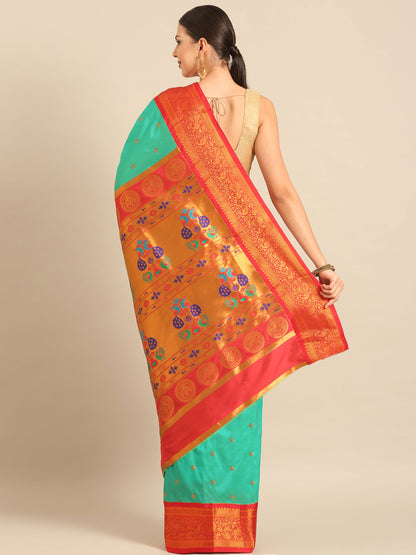 Chandrtara Sea Green & Red Soft Silk Chandrakor Paithani Saree