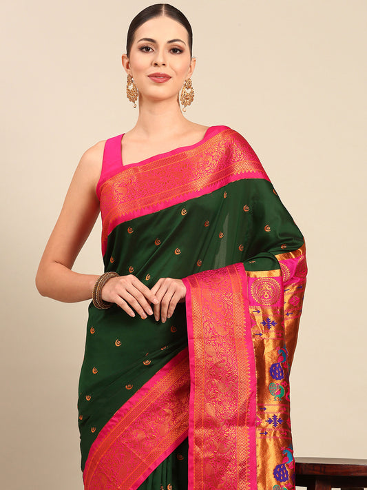 Chandrtara Bottle Green & Pink Soft Silk Chandrakor Paithani Saree