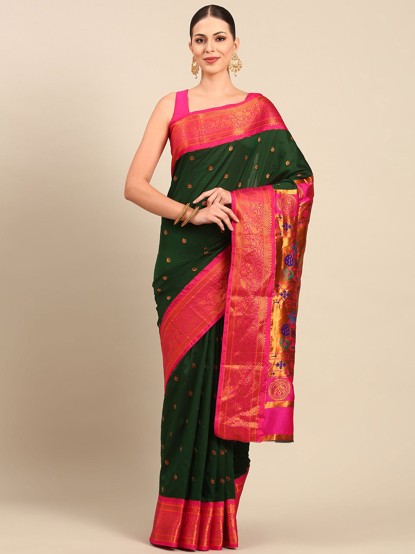 Chandrtara Bottle Green & Pink Soft Silk Chandrakor Paithani Saree