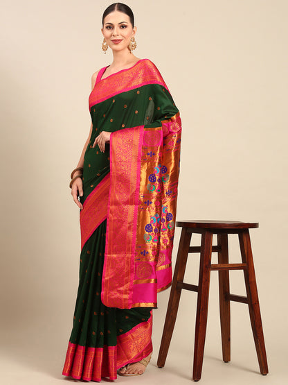 Chandrtara Bottle Green & Pink Soft Silk Chandrakor Paithani Saree