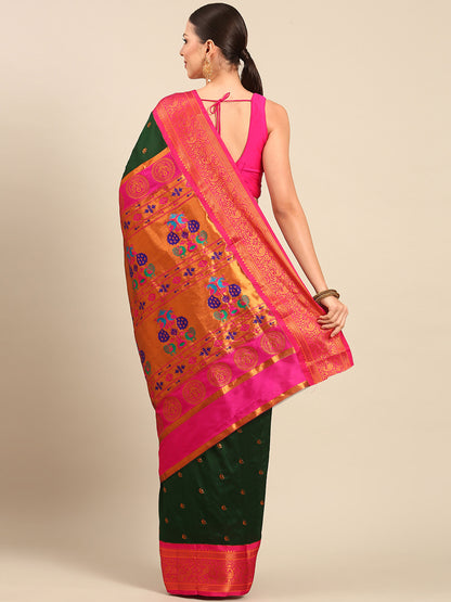 Chandrtara Bottle Green & Pink Soft Silk Chandrakor Paithani Saree