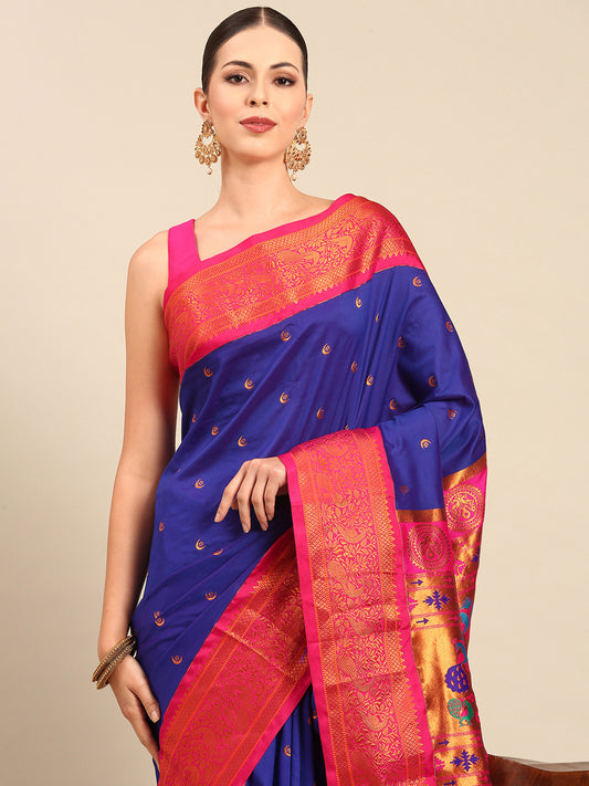 Chandrtara Royal Blue & Pink Soft Silk Chandrakor Paithani Saree