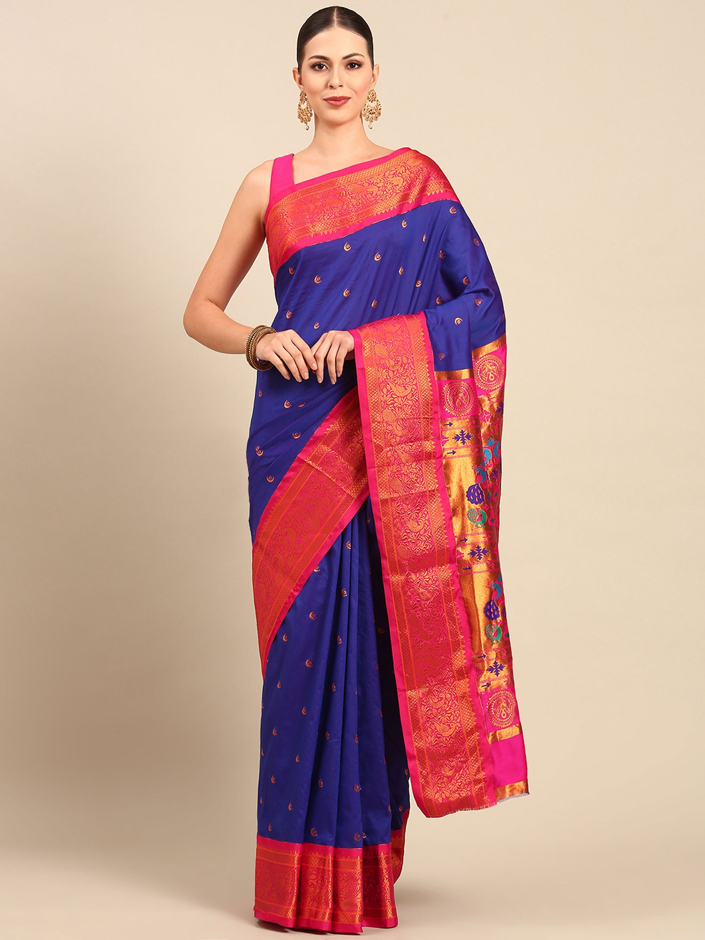 Chandrtara Royal Blue & Pink Soft Silk Chandrakor Paithani Saree