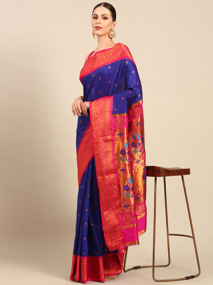 Chandrtara Royal Blue & Pink Soft Silk Chandrakor Paithani Saree