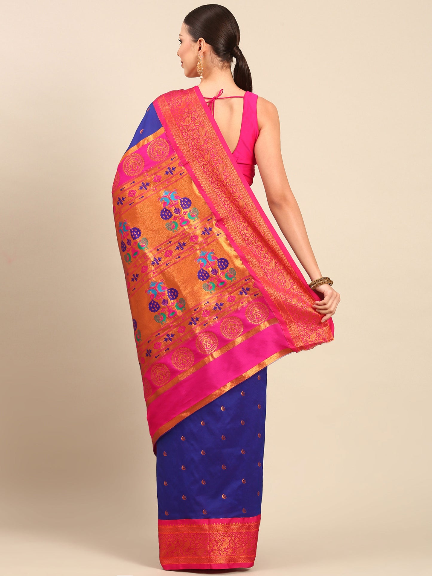 Chandrtara Royal Blue & Pink Soft Silk Chandrakor Paithani Saree