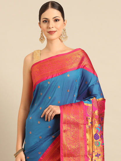 Chandrtara Firozi & Pink Soft Silk Chandrakor Paithani Saree