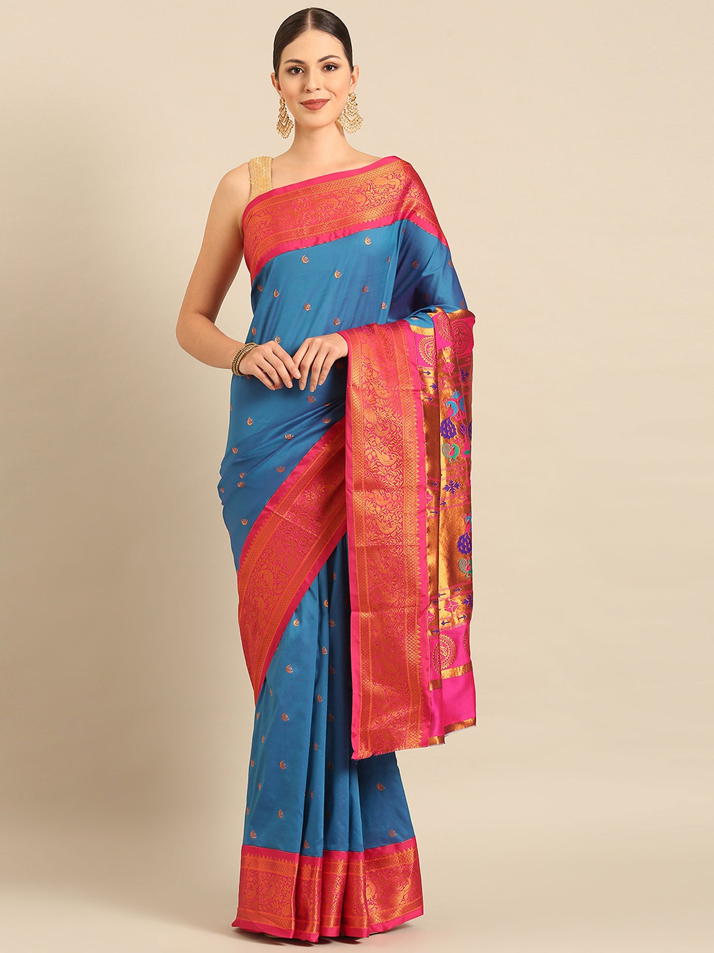 Chandrtara Firozi & Pink Soft Silk Chandrakor Paithani Saree