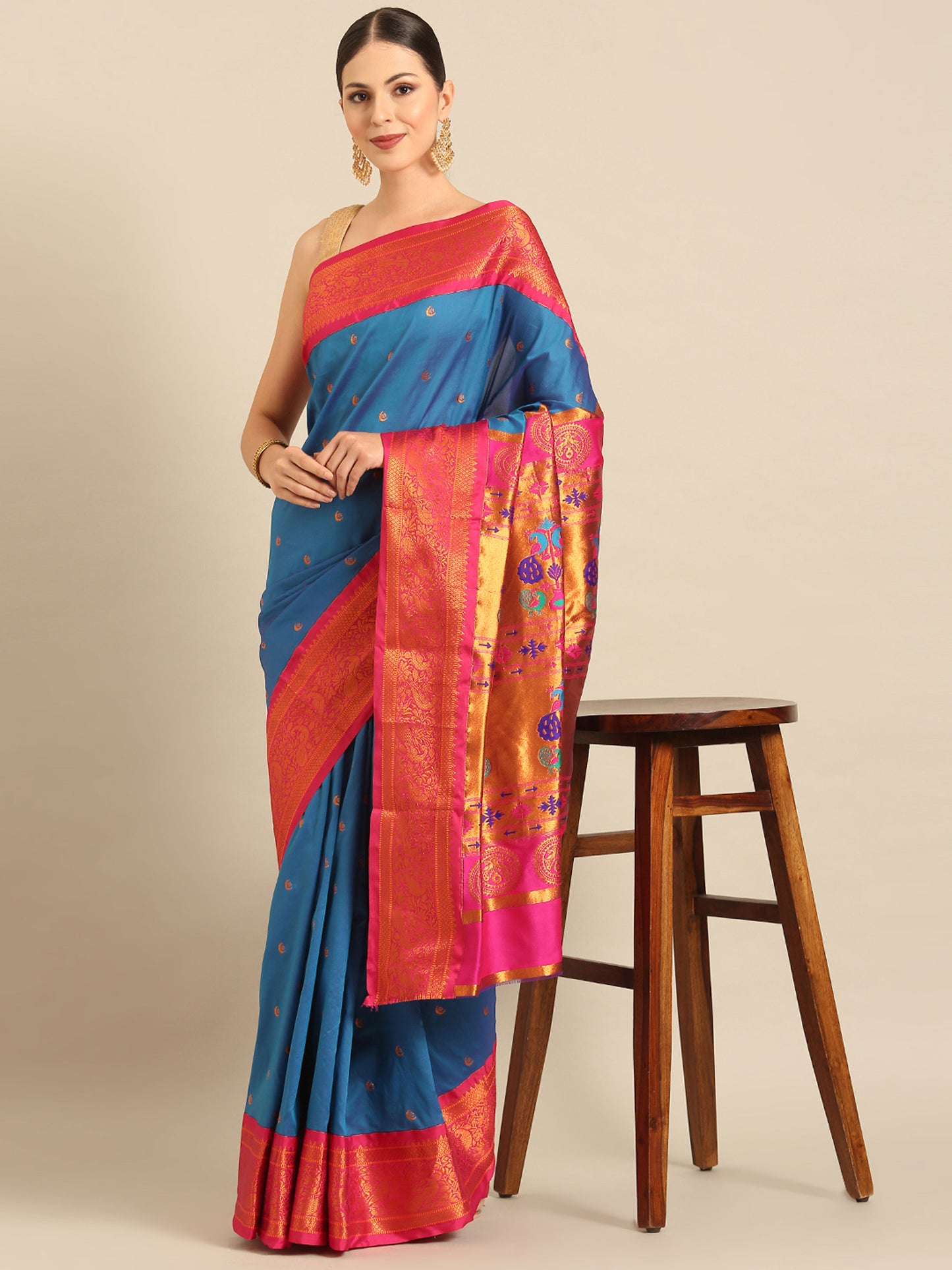 Chandrtara Firozi & Pink Soft Silk Chandrakor Paithani Saree