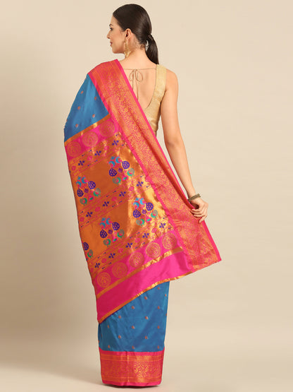 Chandrtara Firozi & Pink Soft Silk Chandrakor Paithani Saree