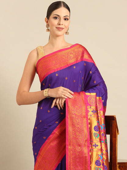 Chandrtara Indigo Blue & Pink Soft Silk Chandrakor Paithani Saree