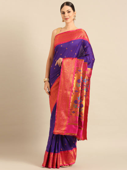 Chandrtara Indigo Blue & Pink Soft Silk Chandrakor Paithani Saree